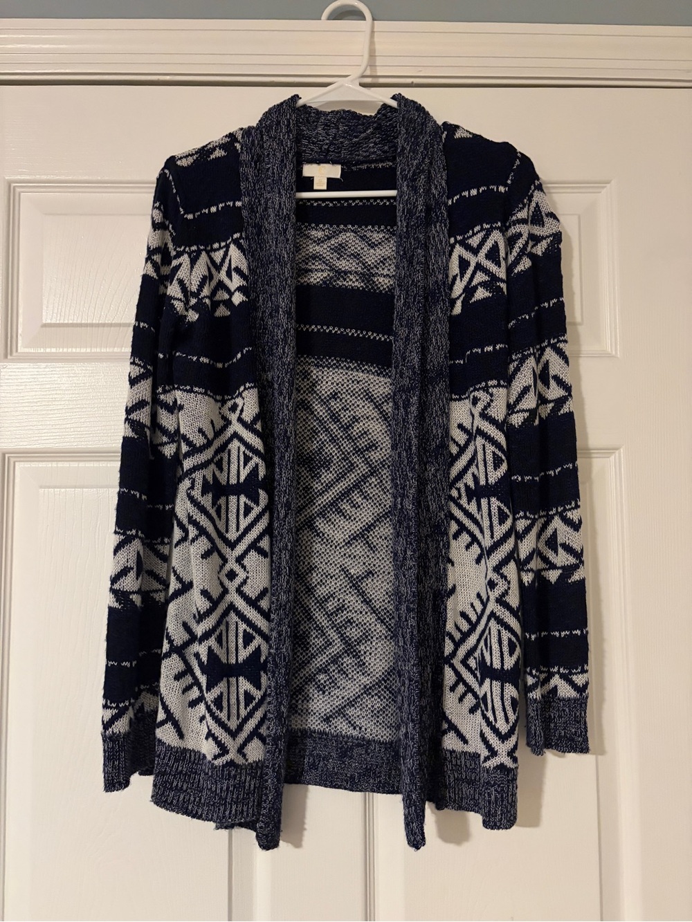Charming Charlie Navy and White Geometric Open Cardigan